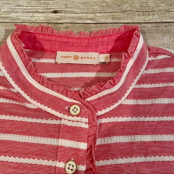 HP! Tory Burch Soft Ruffle Trim Striped Polo size Large - Picture 7 of 11